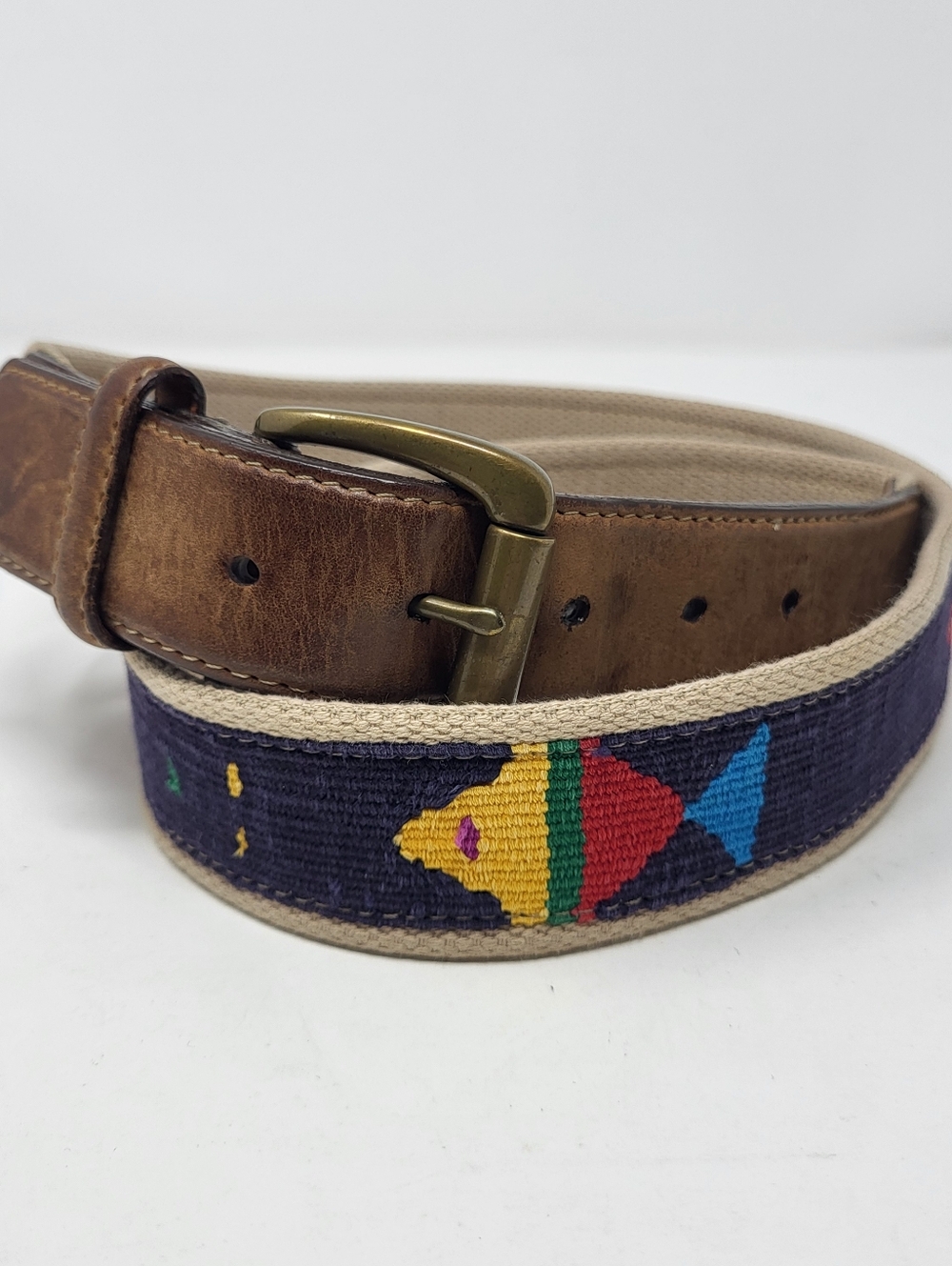 Orvis Woven Fish Textile & Leather Colorful Belt Vintage‎ Brass Buckle Size 40